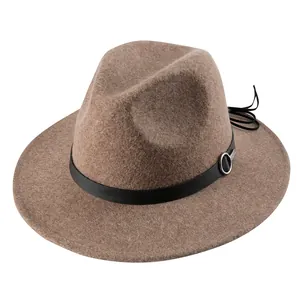 Classic camel wool felt fedora hat featuring a black leather band and silver metal buckle