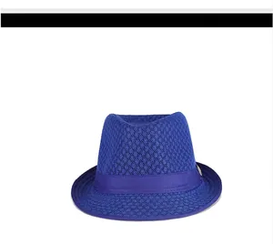 Front view of royal blue breathable mesh fedora hat showing structured silhouette and band