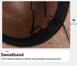 Detail view of the brown wool fedora interior featuring an adjustable strap and sweatband