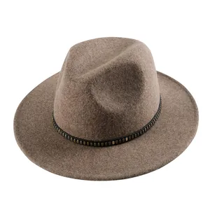 Elegant wool felt Panama hat in camel with black studded leather band for women