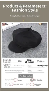 Detailed size guide for men's black cashmere newsboy cap with 56-60cm head circumference