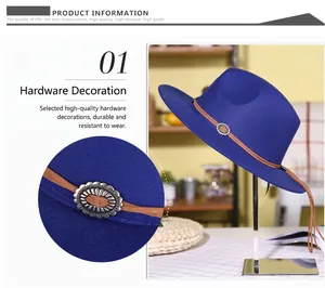 Detail of royal blue fedora hat with brown leather band and vintage metal buckle accessory