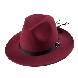 Elegant wine red wool fedora hat with black leather band and silver metal buckle detail