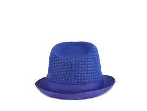 Rear view of blue mesh sun hat showing breathable texture and stylish fedora silhouette