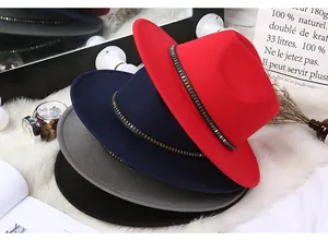 Close-up of wool fedora hats in multiple colors featuring stylish metal rivet bands