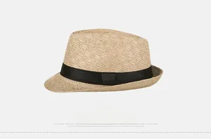 Side view of khaki straw fedora hat featuring a stylish black ribbon and breathable weave