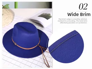 Close-up of wide brim wool fedora with blue felt texture and durable stitching detail