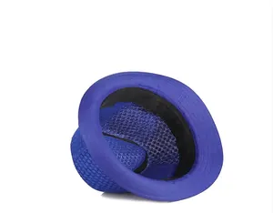 Close-up of blue straw trilby hat featuring breathable woven texture and black sweatband