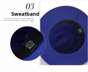 Detail of adjustable sweatband inside the 57cm royal blue wide brim felt fedora hat
