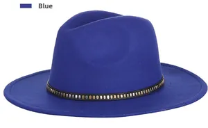 Close-up of royal blue wool fedora hat featuring a black studded belt band detail