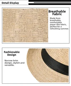 Detail of breathable paper straw weaving and narrow brim with black ribbon band