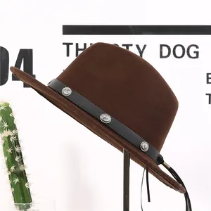 Coffee brown wool fedora hat with black leather band and silver studs on white background