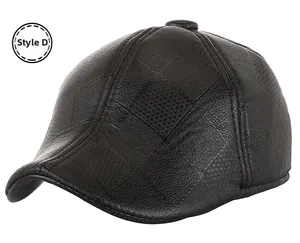 Detail view of black PU leather newsboy cap featuring quilted diamond patterns and crown button