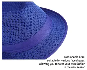 Detailed close-up of stitching and breathable mesh fabric on a royal blue summer sun hat