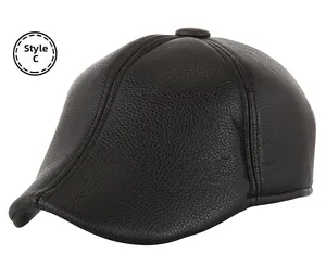 Detail of Style C black PU leather flat cap showing premium lychee grain texture and stitching