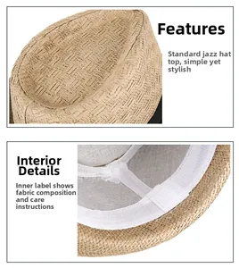 Detailed view of breathable straw fedora hat featuring sweatband and fabric care label