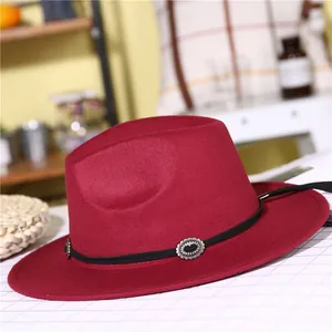 Elegant wine red wool fedora hat with black band and vintage silver metal buckle accent