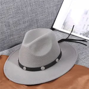 Classic grey wool fedora hat with black leather belt, silver studs and long tassels
