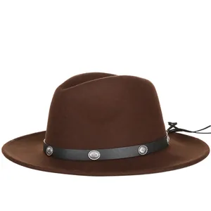Classic dark brown wool fedora hat with black leather band and silver studs on white background