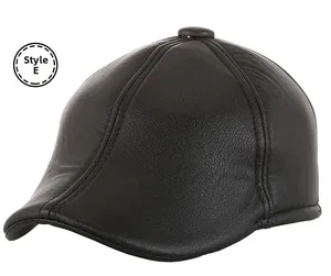 Detail of classic black leather flat cap for men with premium lychee grain texture