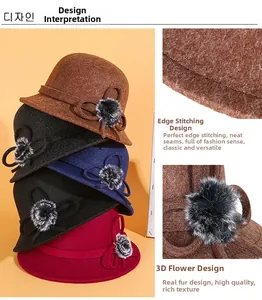 Détail d'un chapeau en laine montrant des coutures soignées et pompon en vraie fourrure