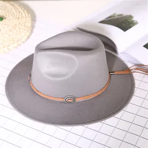 Classic light grey wool felt fedora hat with brown leather band and metallic concho