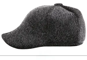 Detailed side view of grey faux mink fur newsboy cap for men with soft plush texture