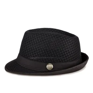 Breathable Mesh Fedora Hat For Men Women Summer Outdoor Sun Protection Beach Hat With Metal Badge Vintage Style Accessory
