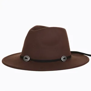 Classic dark brown fedora hat with black ethnic metal studded band for autumn and winter