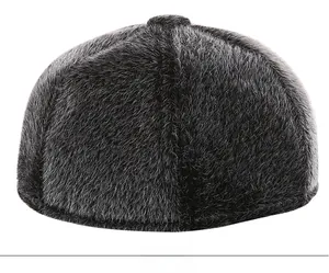 Rear view of dark grey faux mink fur flat cap for men featuring plush thermal texture