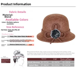 Guide des tailles pour chapeau d'hiver femme avec mesures et cloche marron détaillée