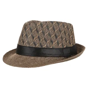 Classic tan straw fedora hat with black satin band and breathable diamond weave pattern