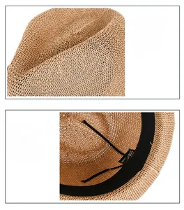 Close-up of brown straw jazz hat showing the crown texture and inner sweatband detail