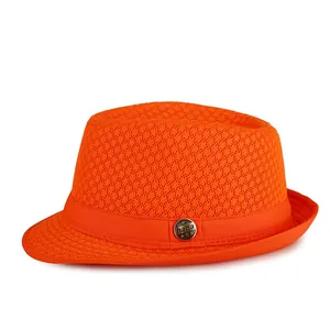Unisex orange woven sun hat with mesh texture and bronze medallion for summer beach