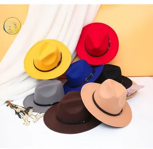 Detailed stack of multi-color fedora hats with leather bands and metal buckles