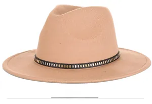 Detail shot of camel fedora hat featuring a gold and silver studded metal decorative band