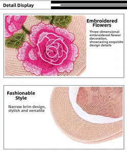 Detail of pink embroidered rose pattern and textured weave on a summer beret hat