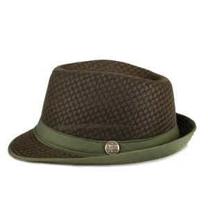 Breathable olive green mesh fedora hat with star metal badge for sun protection