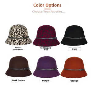Color options of wool cloche hats including leopard prints and solid shades with buckles