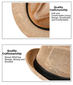 Macro detail of breathable straw weave texture and comfortable inner black sweatband of fedora