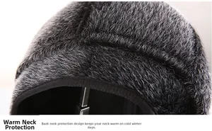 Detail of the extended faux mink fur neck protector on a warm winter hat for men