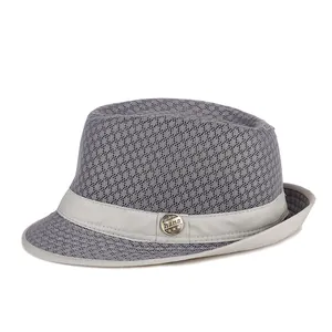 Dark gray mesh fedora hat with breathable weave and decorative band for summer
