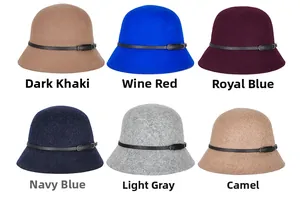 Detail showing wool felt bucket hats in six colors with decorative leather belt buckles
