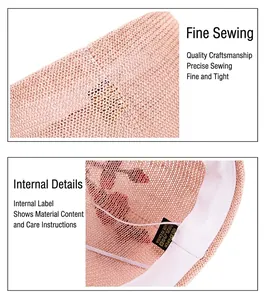 Detail of pink woven paper fiber hat showing sewing structure and internal lining