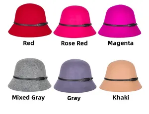 Detail view of wool cloche hats in six colors with elegant black decorative leather belts