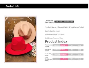 Detail view of wide-brim wool fedora showing 55cm circumference and material specifications