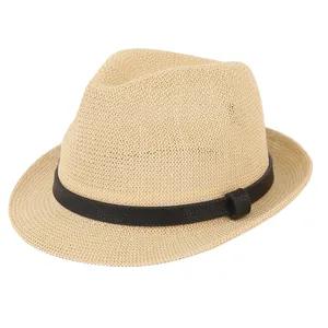 Classic straw fedora hat in light beige with black textured faux leather decorative band