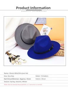 Detail of wool fedora hats in navy and grey with product size and material specs