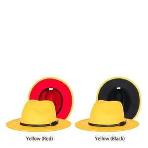 Detail of two-tone wool fedora hats with yellow exterior and colored inner brims