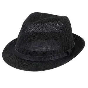 Close-up of black breathable straw fedora hat with textured leather band and buckle